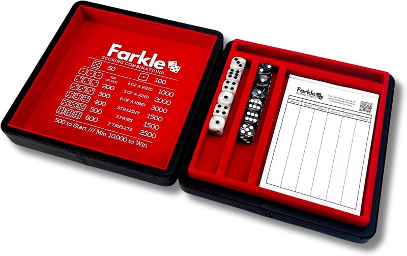 Luck Lab Farkle Dice Tray and Storage Case - Includes Embedded Scoring Combinations, 2 Sets of 6 Pearl Dice, 40 Sheet Score Pad and Pen Holder for The Classic Family Game (Red) - Image 5